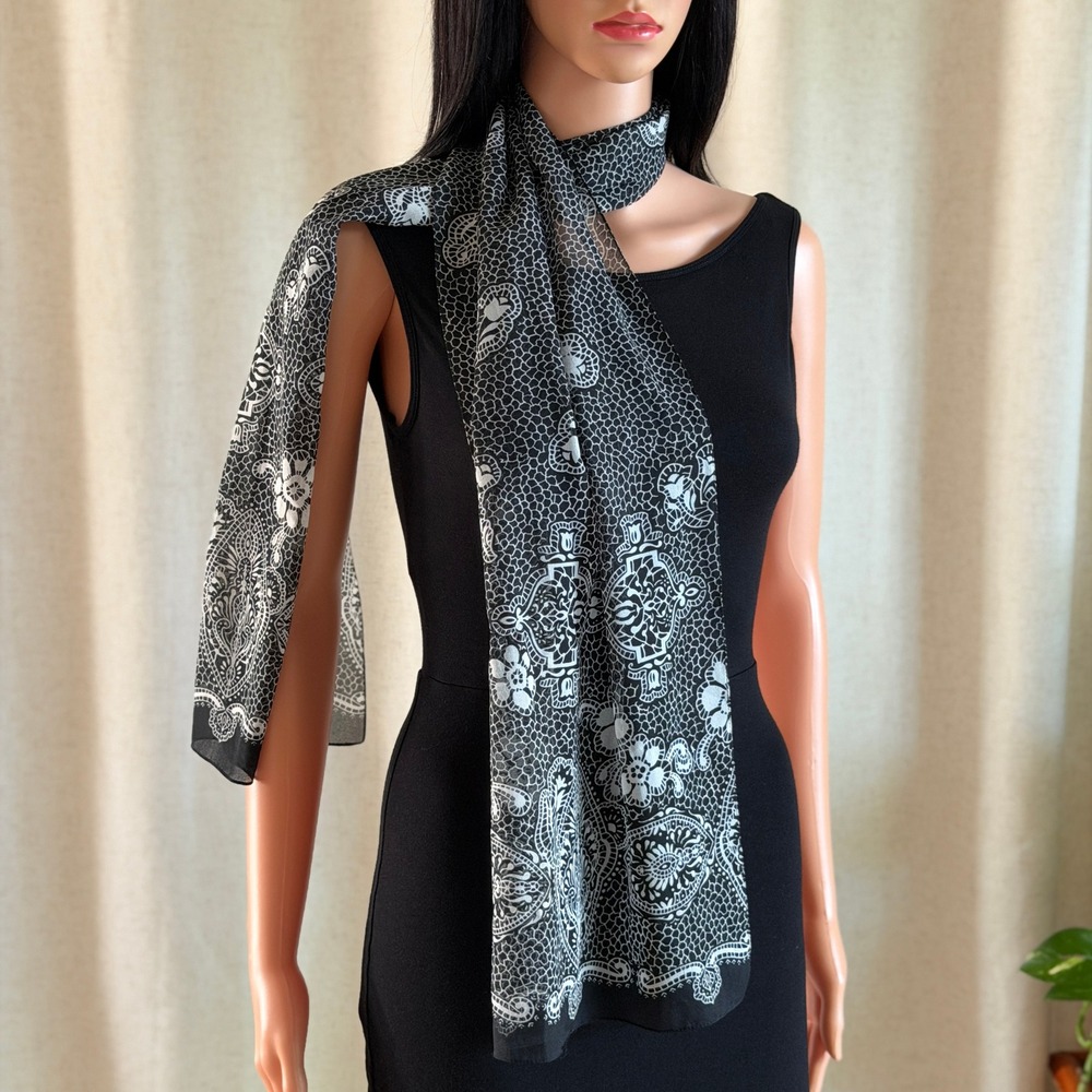 Vtg Black White Lace Floral Print Chiffon Scarf Victorian Gothic Dark Academia